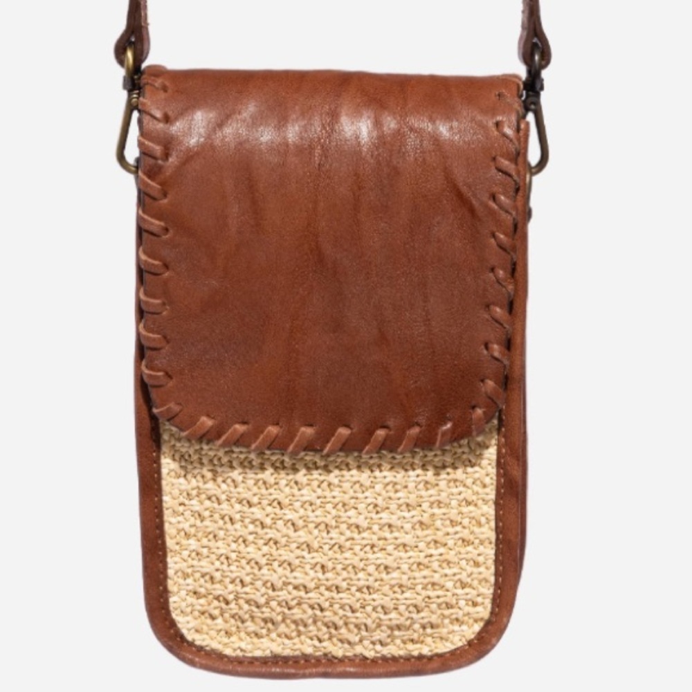 JOHNNY WAS COGNAC ITALIAN RAFFIA MICRO CROSSBODY NWT - Picture 8 of 10
